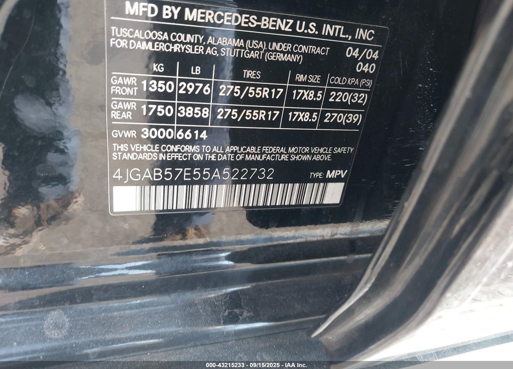 2005 MERCEDES-BENZ ML 350 4MATIC VIN: 4JGAB57E55A522732