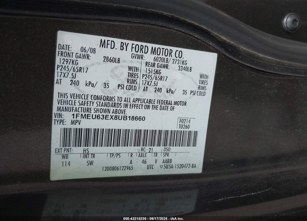 2008 FORD EXPLORER XLT VIN: 1FMEU63EX8UB18660