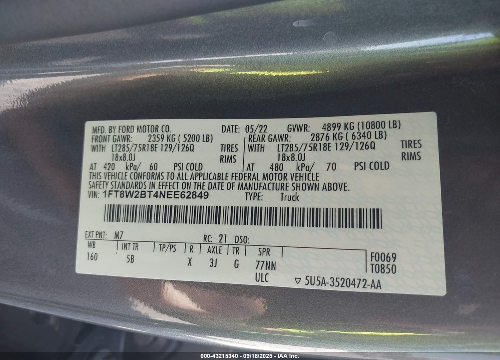 2022 FORD F-250 LARIAT VIN: 1FT8W2BT4NEE62849