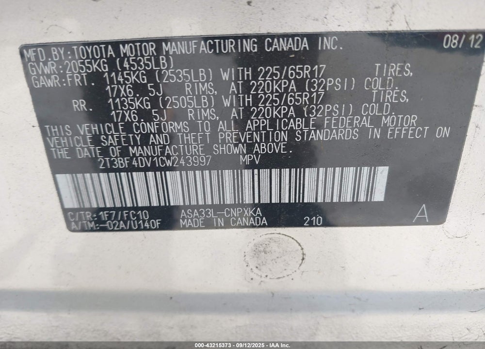 2012 TOYOTA RAV4 VIN: 2T3BF4DV1CW243997