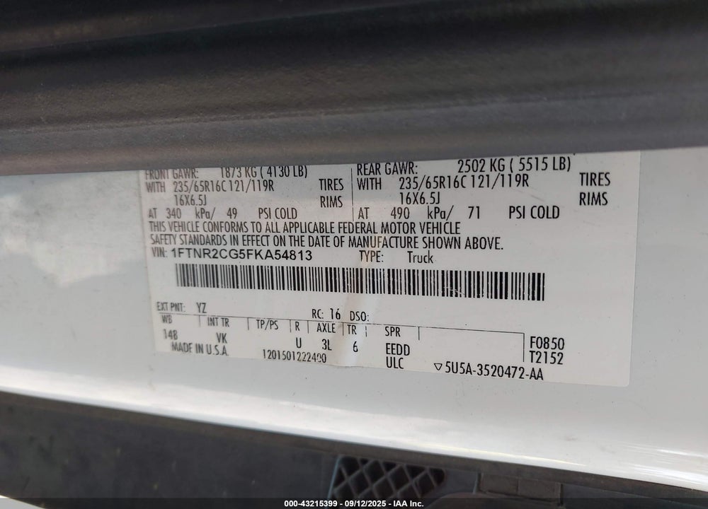 2015 FORD TRANSIT-250 VIN: 1FTNR2CG5FKA54813