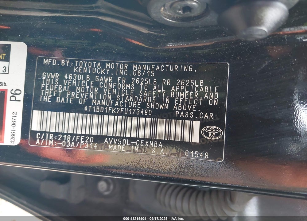 2015 TOYOTA CAMRY VIN: 4T1BD1FK2FU173480