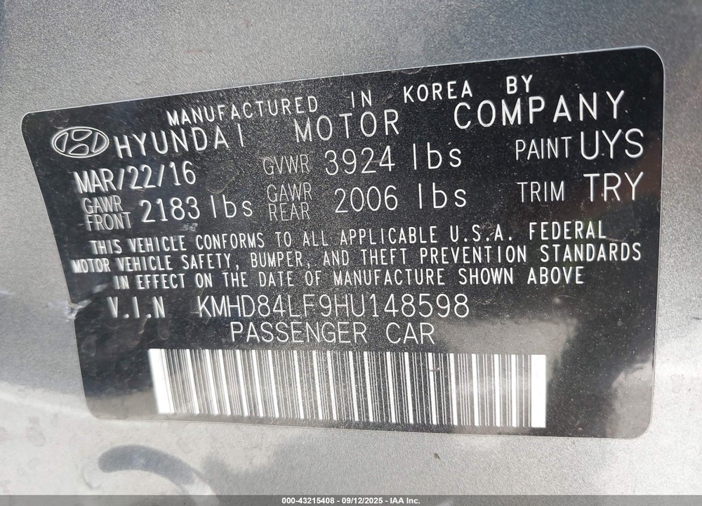 2017 HYUNDAI ELANTRA VIN: KMHD84LF9HU148598