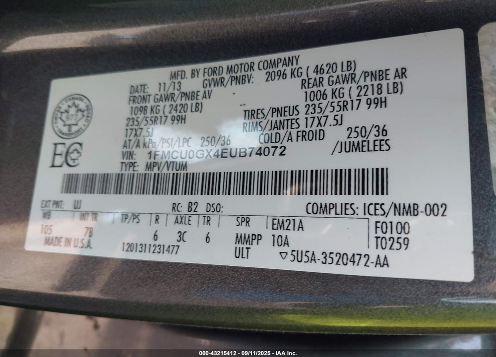 2014 FORD ESCAPE SE VIN: 1FMCU0GX4EUB74072