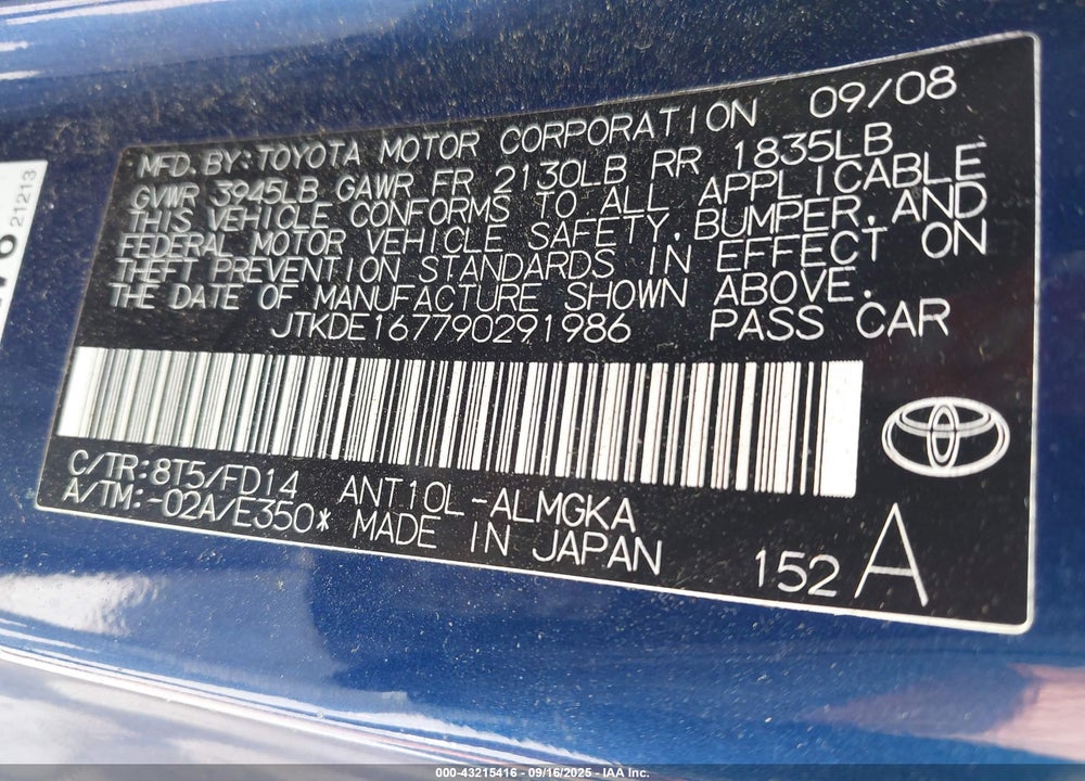 2009 TOYOTA SCION VIN: JTKDE167790291986