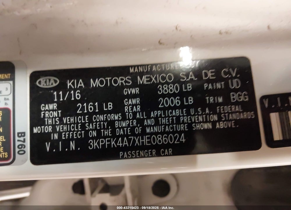 2017 KIA FORTE VIN: 3KPFK4A7XHE086024