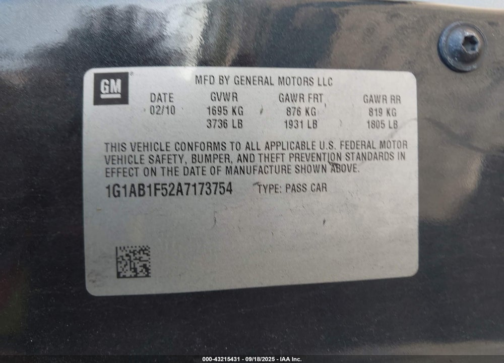 2010 CHEVROLET COBALT VIN: 1G1AB1F52A7173754