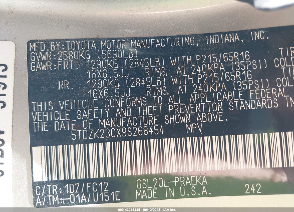2009 TOYOTA SIENNA LE VIN: 5TDZK23CX9S268454