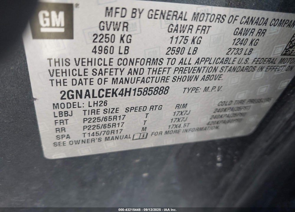 2017 CHEVROLET EQUINOX VIN: 2GNALCEK4H1585888
