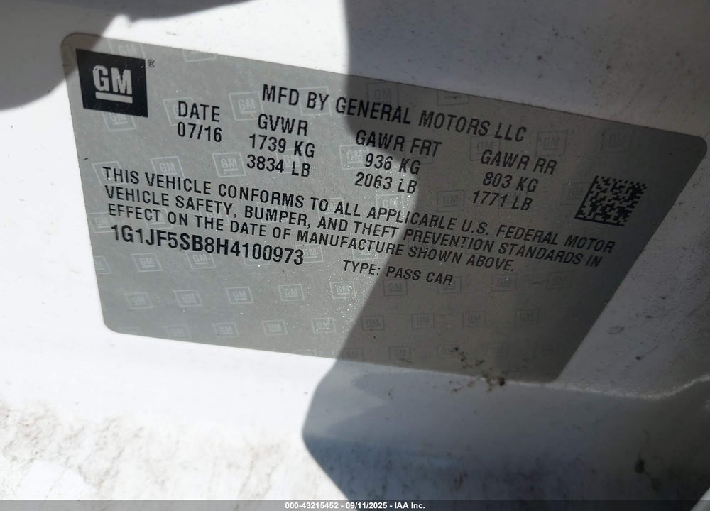 2017 CHEVROLET SONIC PREMIER AUTO VIN: 1G1JF5SB8H4100973