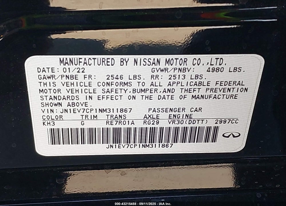 2022 INFINITI Q50 SENSORY VIN: JN1EV7CP1NM311867