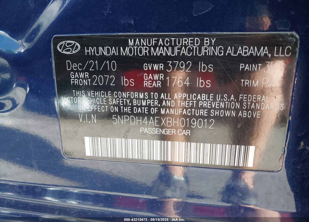 2011 HYUNDAI ELANTRA VIN: 5NPDH4AEXBH019012