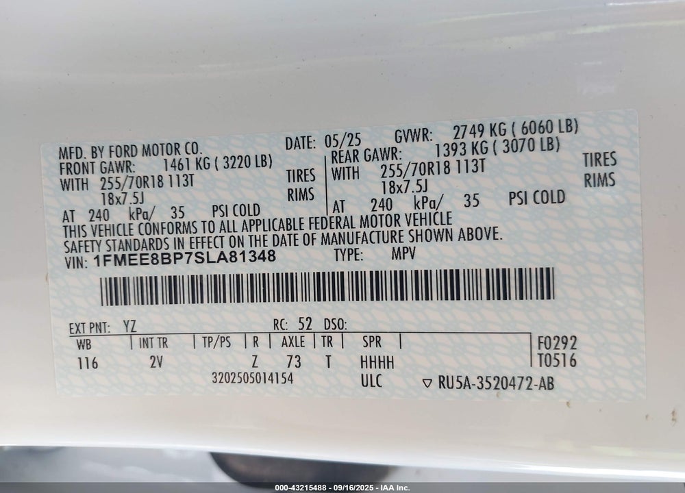 2025 FORD BRONCO VIN: 1FMEE8BP7SLA81348