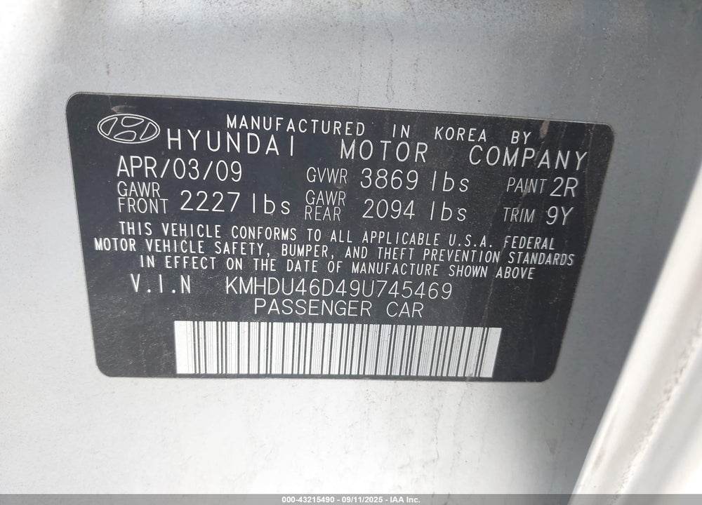 2009 HYUNDAI ELANTRA GLS VIN: KMHDU46D49U745469