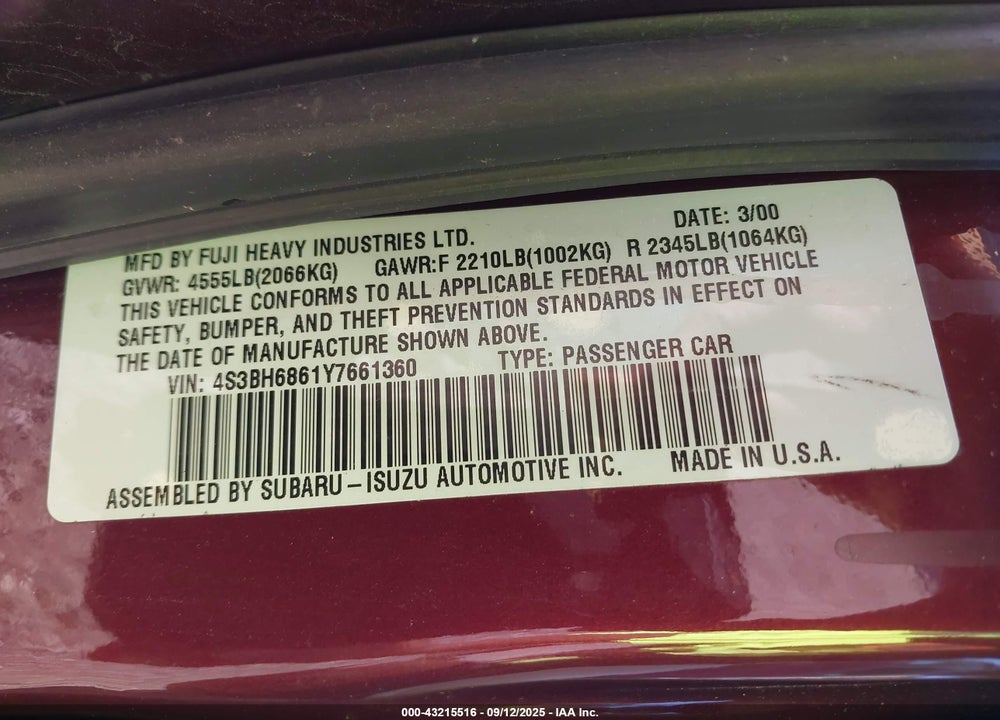 2000 SUBARU OUTBACK LIMITED VIN: 4S3BH6861Y7661360