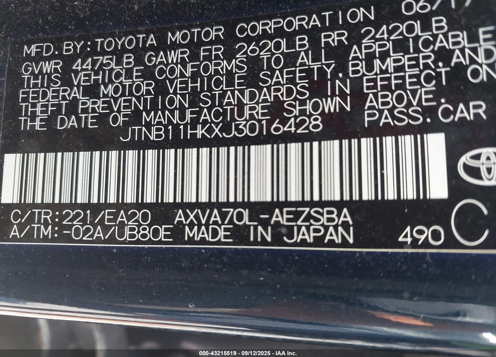 2018 TOYOTA CAMRY SE VIN: JTNB11HKXJ3016428