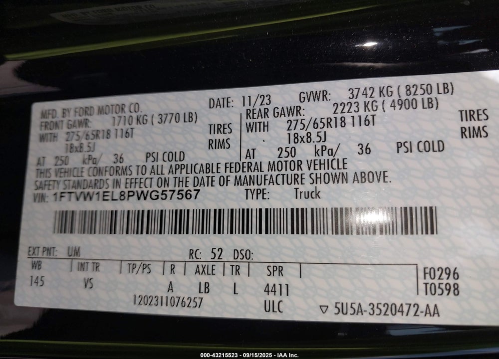 2023 FORD F-150 LIGHTNING VIN: 1FTVW1EL8PWG57567