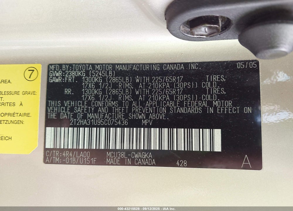 2005 LEXUS RX 330 VIN: 2T2HA31U95C075436