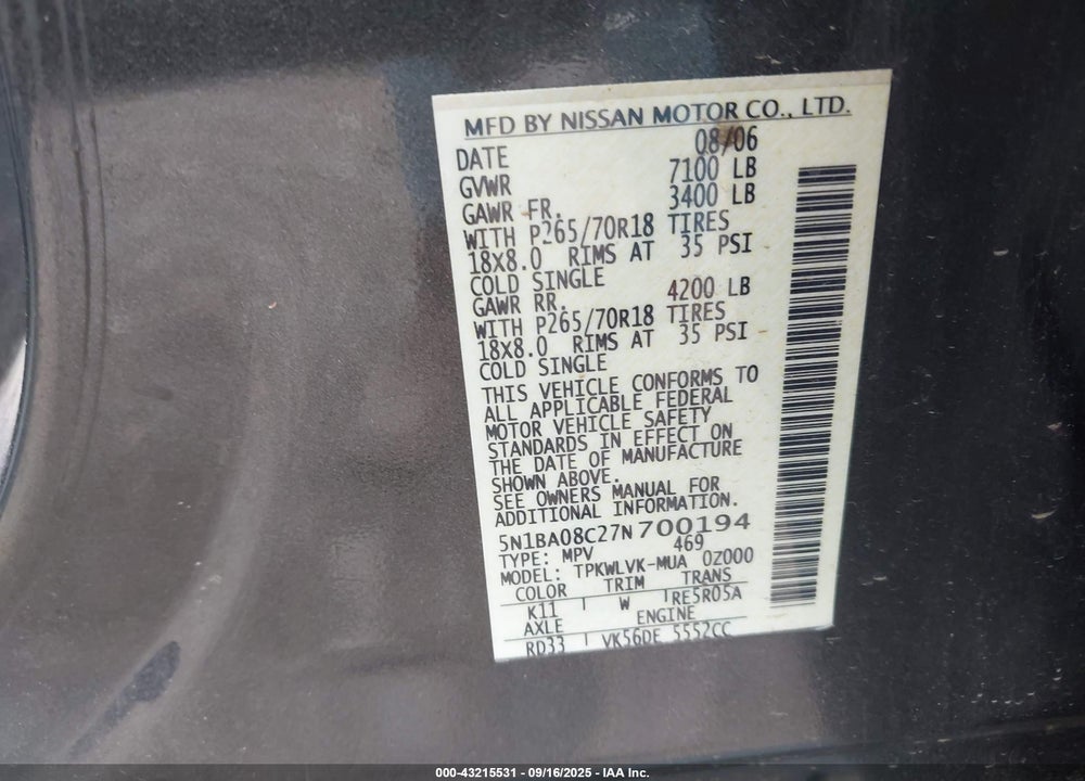 2007 NISSAN ARMADA LE VIN: 5N1BA08C27N700194