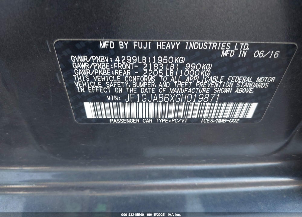 2016 SUBARU IMPREZA 2.0I PREMIUM VIN: JF1GJAB6XGH019871