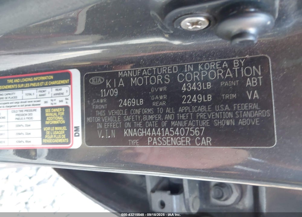 2010 KIA OPTIMA VIN: KNAGH4A41A5407567