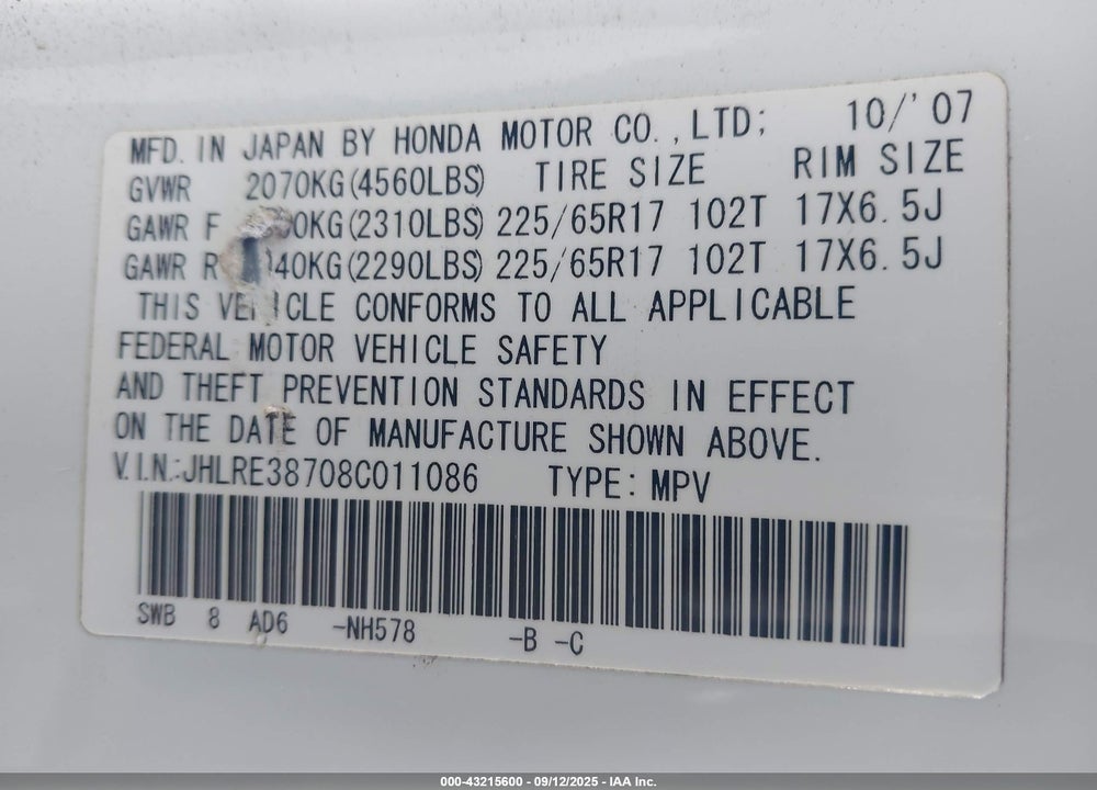 2008 HONDA CR-V EX-L VIN: JHLRE38708C011086