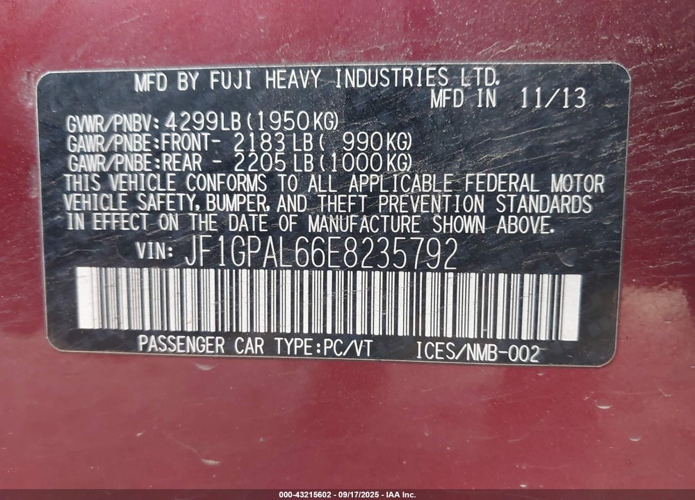 2014 SUBARU IMPREZA 2.0I SPORT PREMIUM VIN: JF1GPAL66E8235792