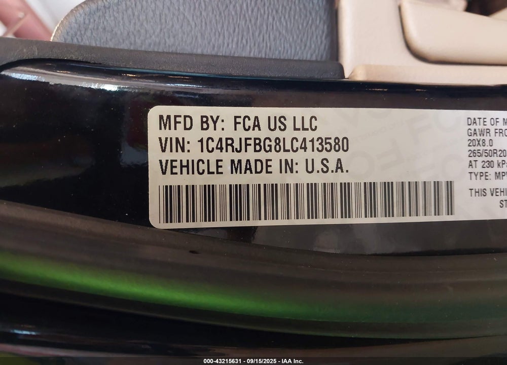 2020 JEEP GRAND CHEROKEE VIN: 1C4RJFBG8LC413580
