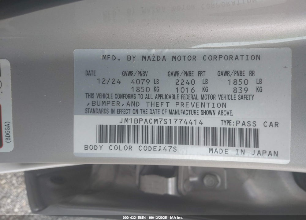 2025 MAZDA 3 VIN: JM1BPACM7S1774414