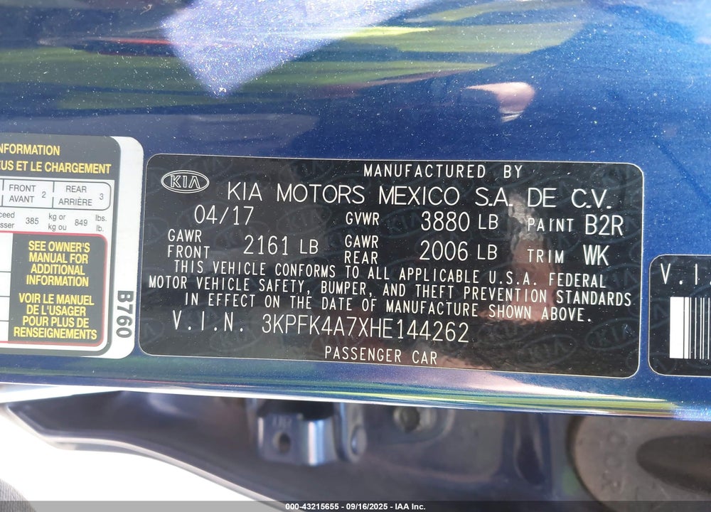 2017 KIA FORTE VIN: 3KPFK4A7XHE144262