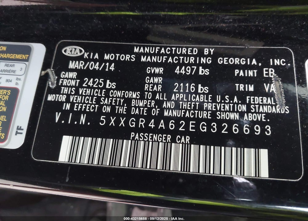 2014 KIA OPTIMA VIN: 5XXGR4A62EG326693