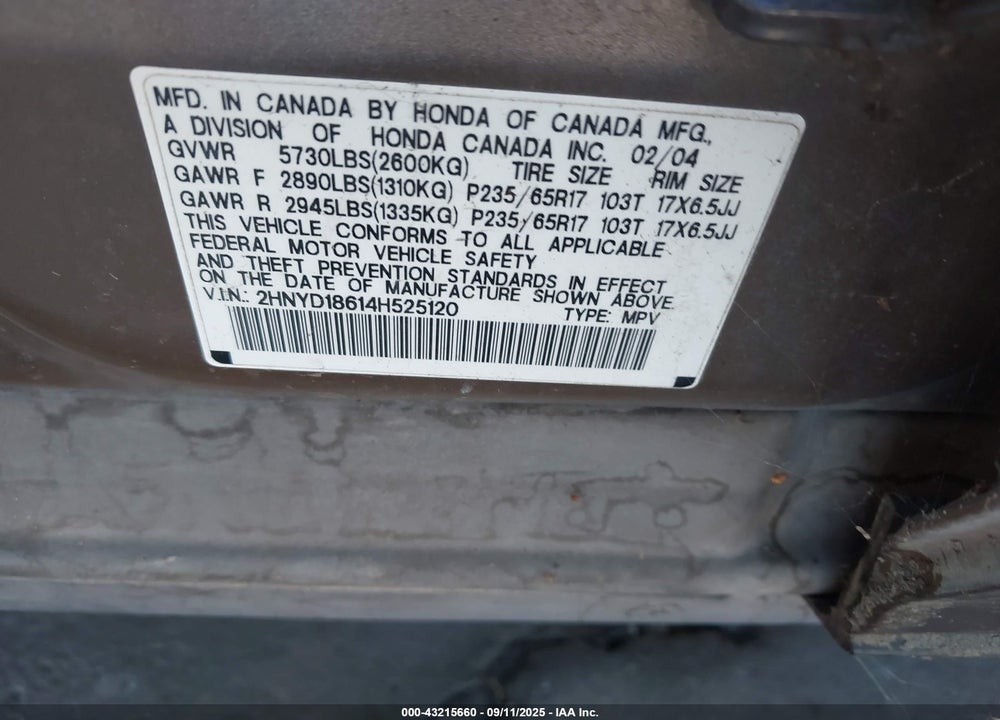 2004 ACURA MDX VIN: 2HNYD18614H525120
