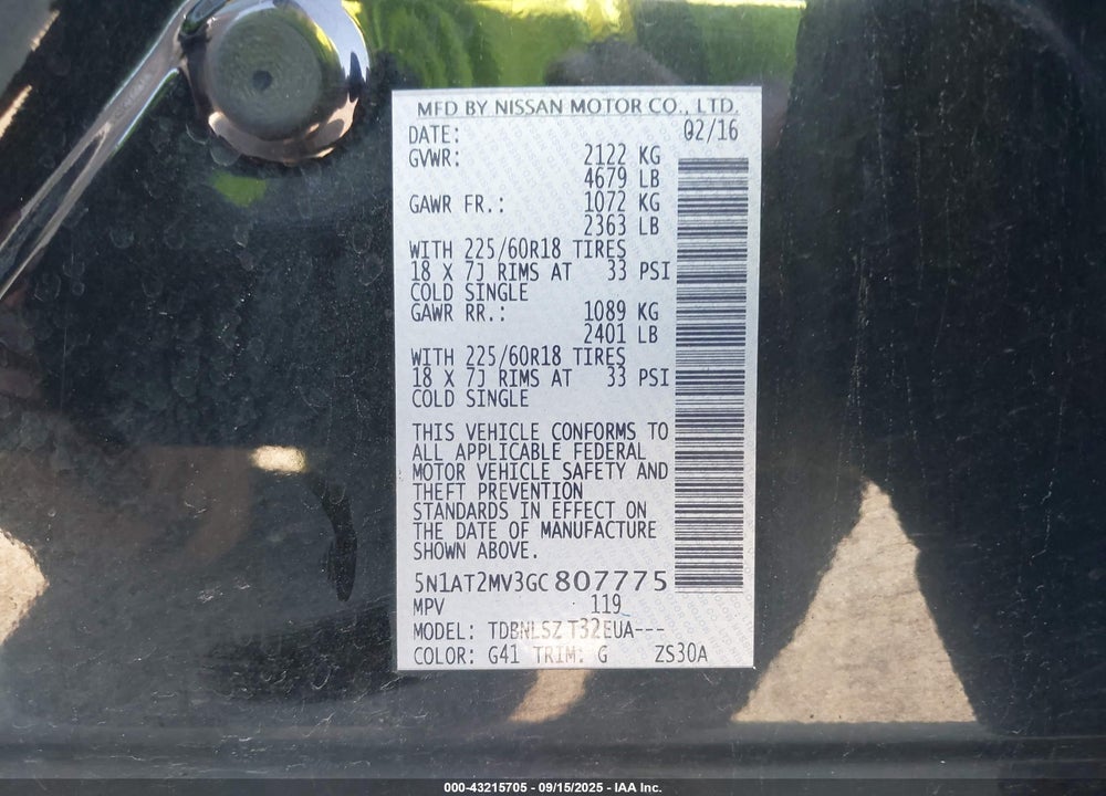 2016 NISSAN ROGUE VIN: 5N1AT2MV3GC807775