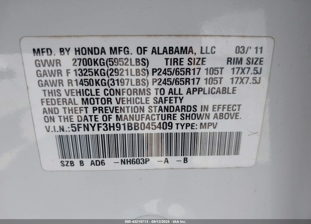 2011 HONDA PILOT VIN: 5FNYF3H91BB045409