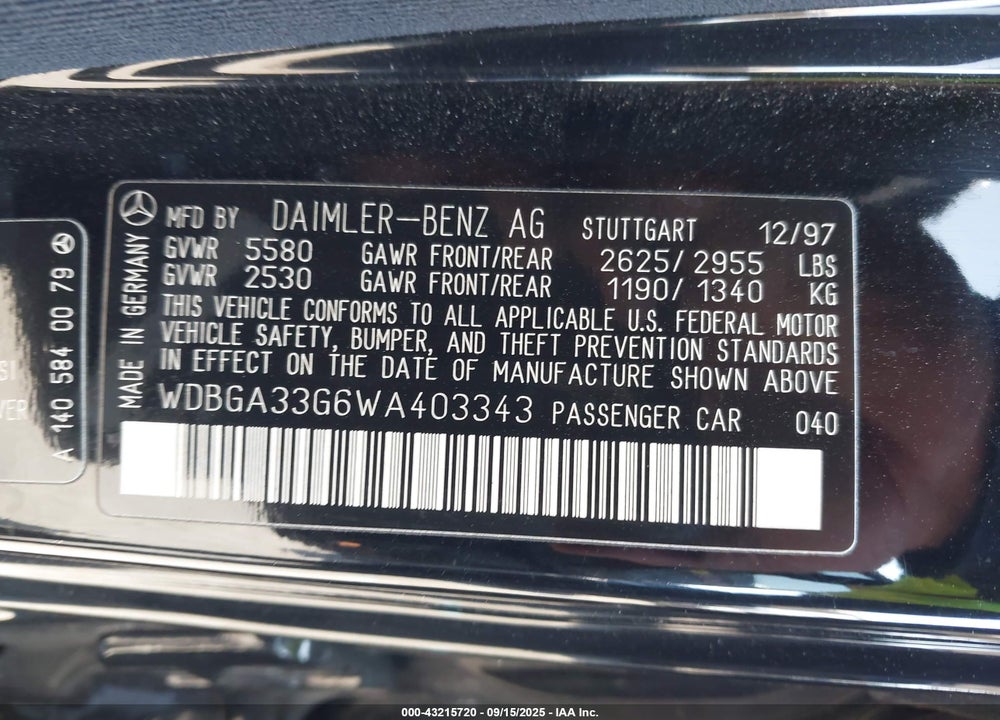 1998 MERCEDES-BENZ S 320 VIN: WDBGA33G6WA403343