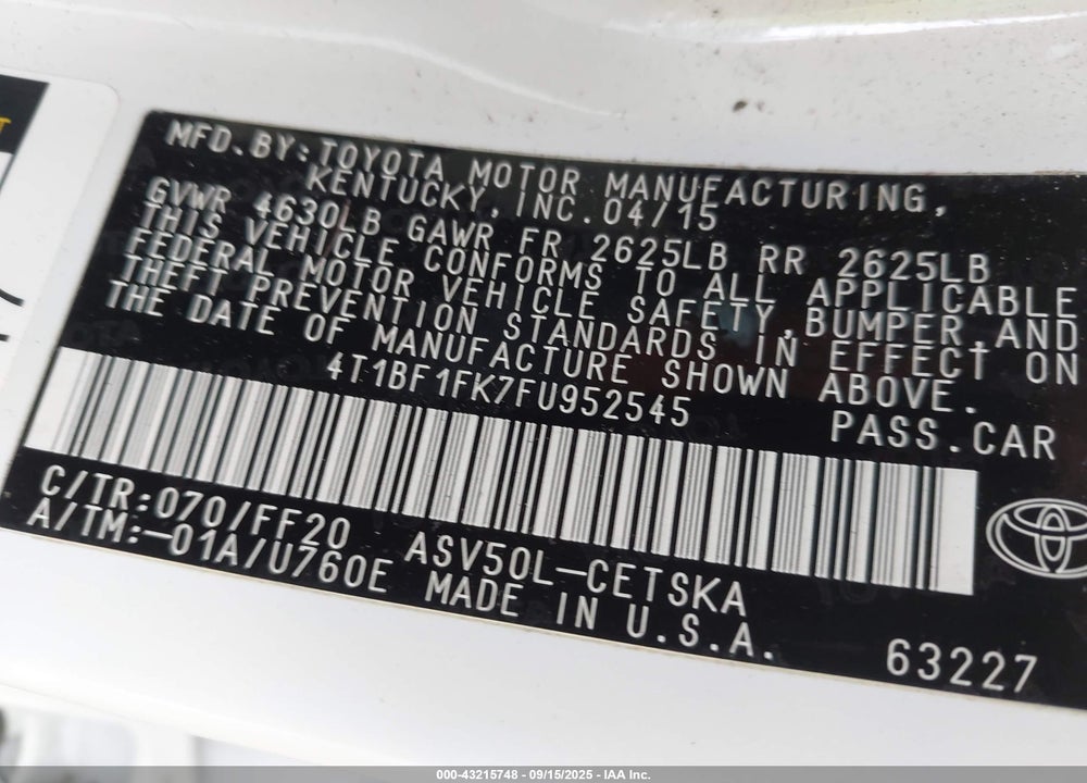 2015 TOYOTA CAMRY SE VIN: 4T1BF1FK7FU952545