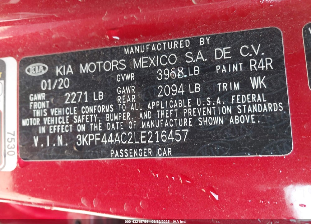 2020 KIA FORTE VIN: 3KPF44AC2LE216457