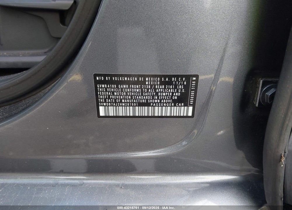 2017 VOLKSWAGEN JETTA VIN: 3VWDB7AJ2HM281591