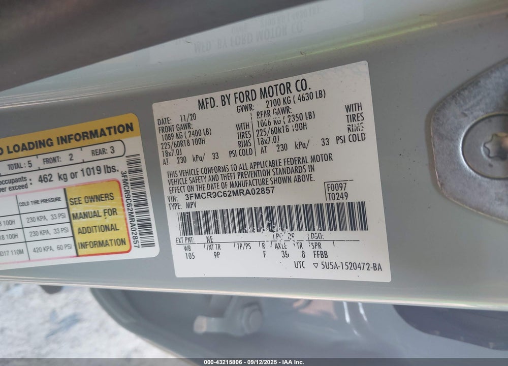 2021 FORD BRONCO SPORT OUTER BANKS VIN: 3FMCR9C62MRA02857