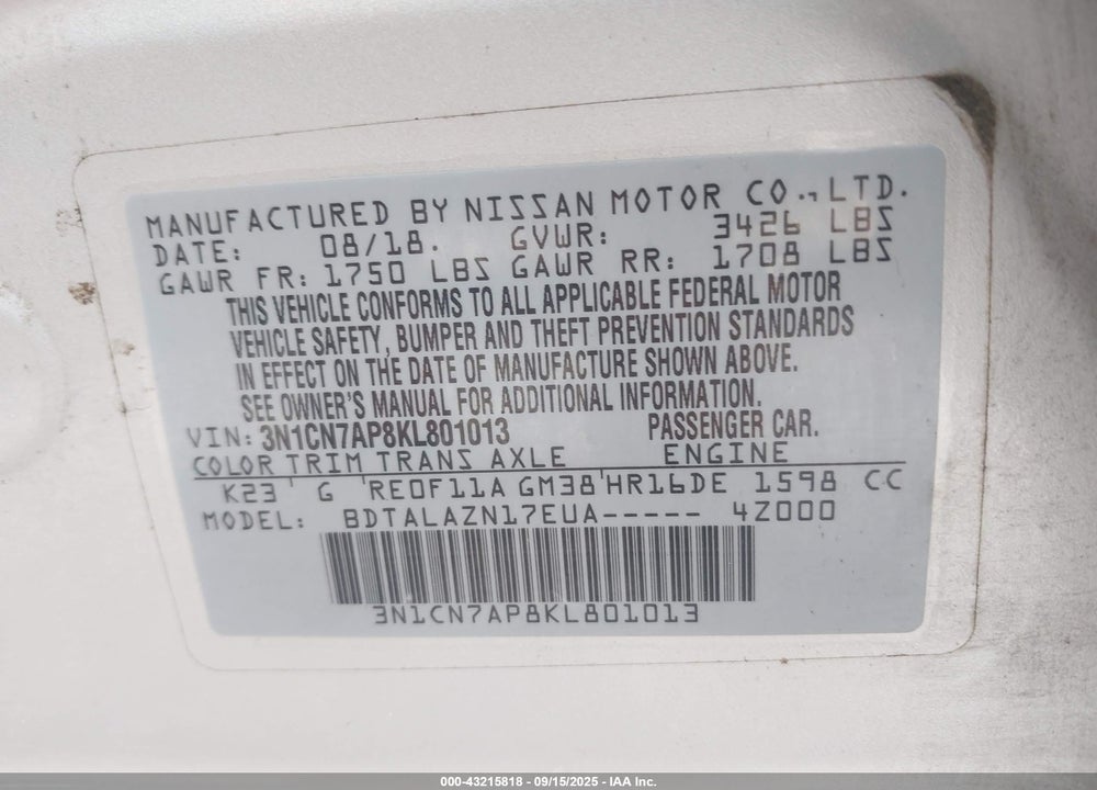 2019 NISSAN VERSA VIN: 3N1CN7AP8KL801013
