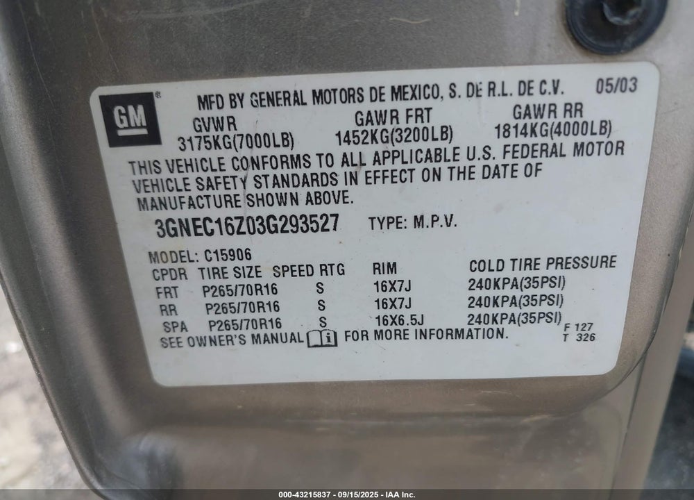 2003 CHEVROLET SUBURBAN 1500 LT VIN: 3GNEC16Z03G293527
