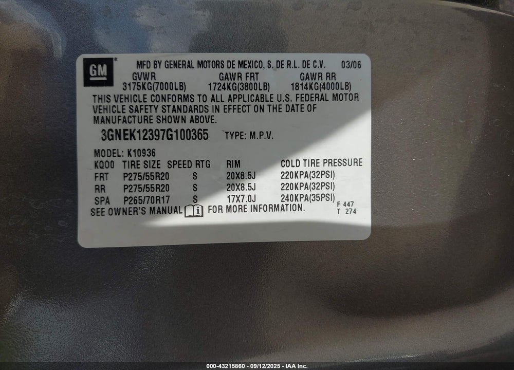 2007 CHEVROLET AVALANCHE VIN: 3GNEK12397G100365