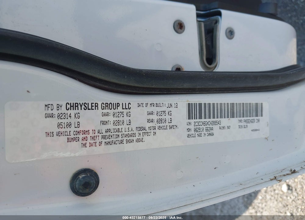 2012 CHRYSLER 300 VIN: 2C3CCABGXCH289543