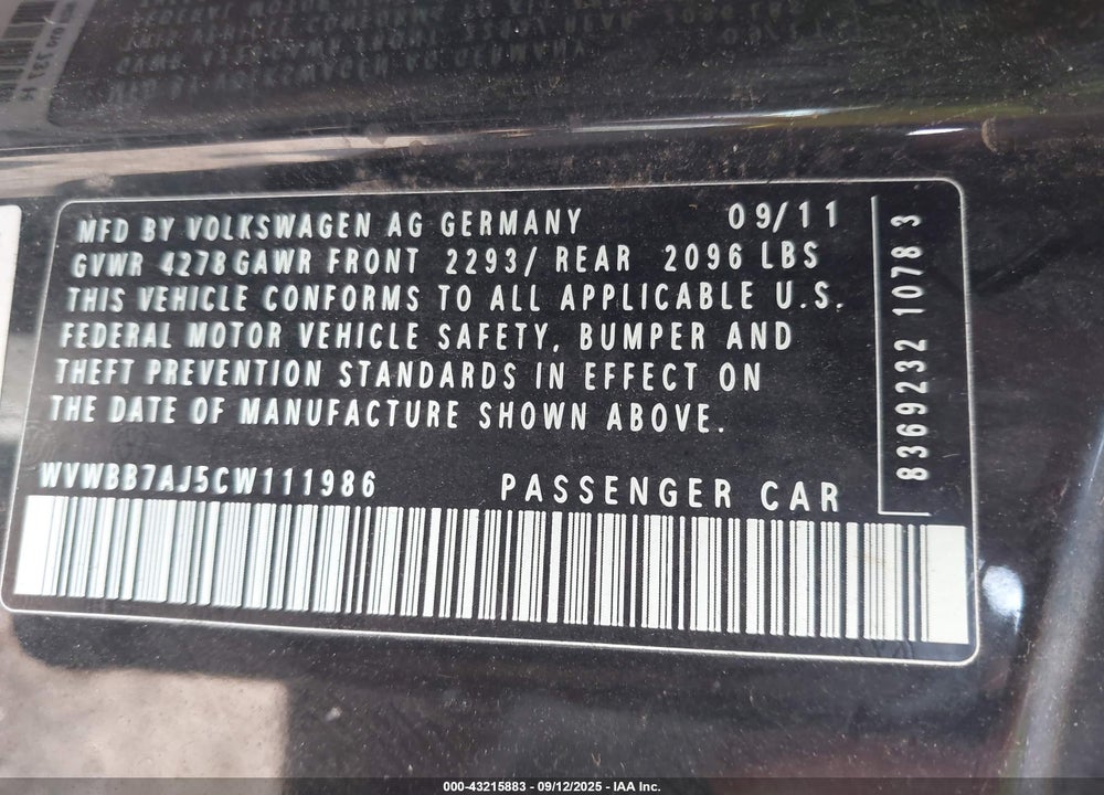 2012 VOLKSWAGEN GOLF VIN: WVWBB7AJ5CW111986
