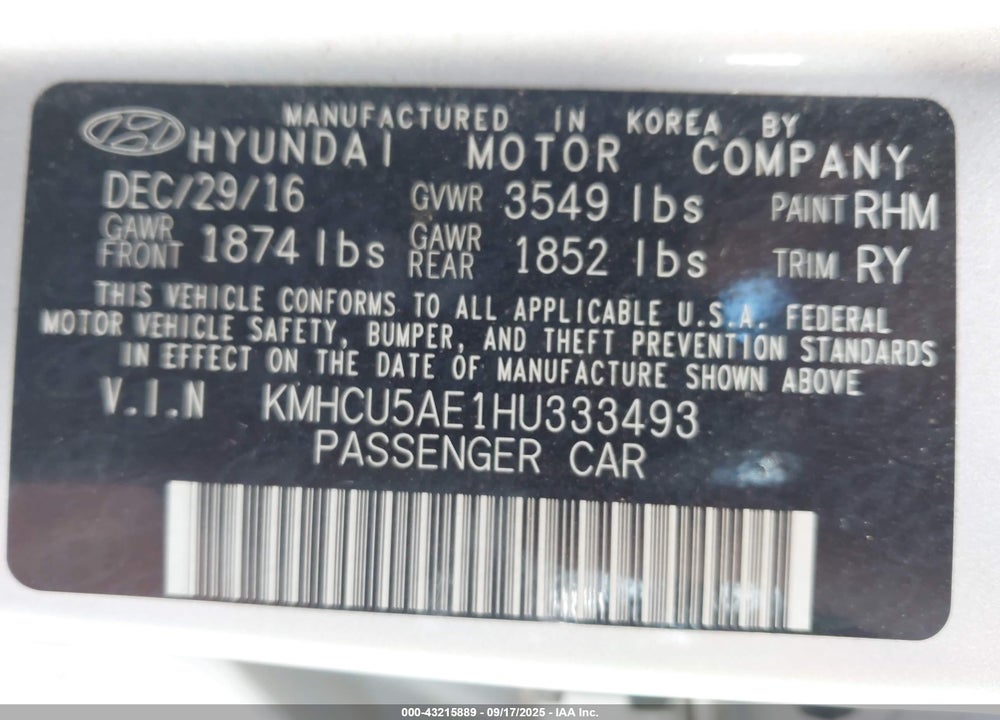 2017 HYUNDAI ACCENT VIN: KMHCU5AE1HU333493