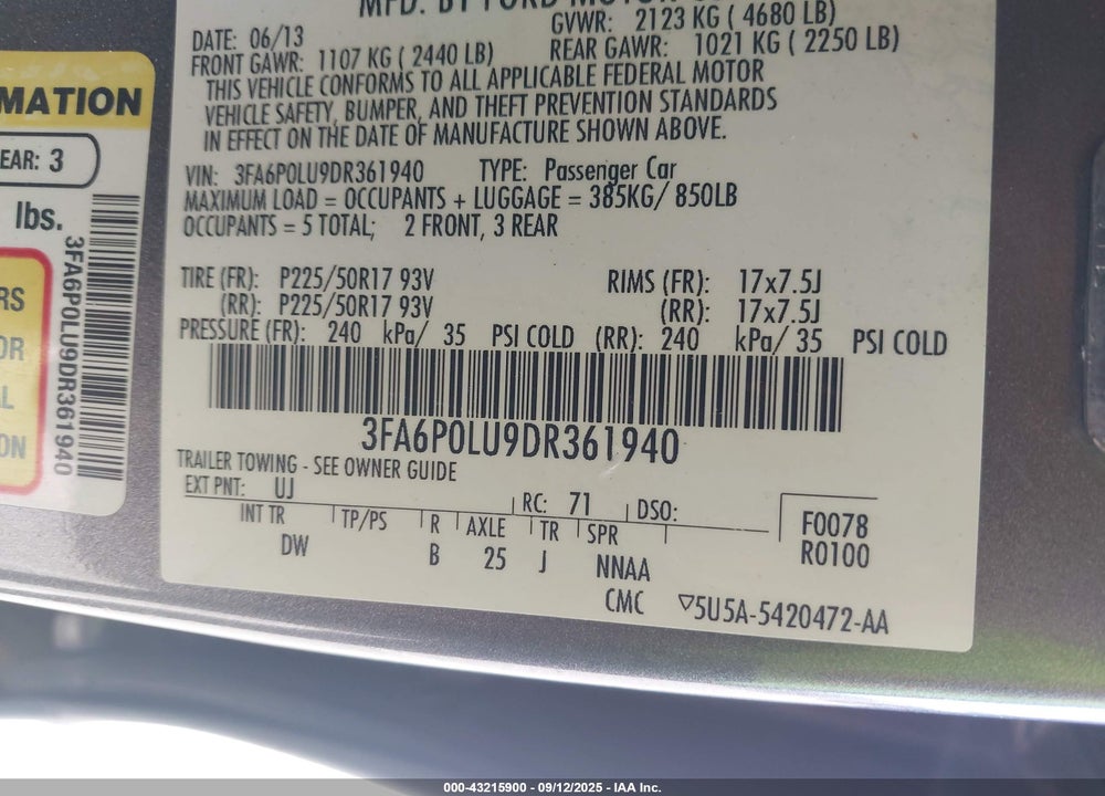 2013 FORD FUSION HYBRID VIN: 3FA6P0LU9DR361940