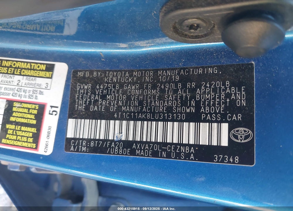 2020 TOYOTA CAMRY VIN: 4T1C11AK8LU313130
