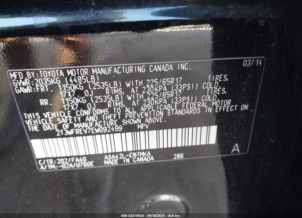 2014 TOYOTA RAV4 XLE VIN: 2T3WFREV7EW092499