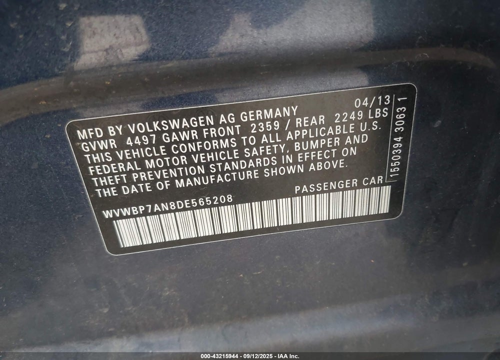 2013 VOLKSWAGEN CC VIN: WVWBP7AN8DE565208