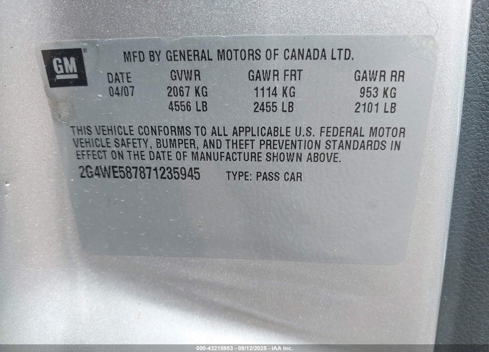 2007 BUICK LACROSSE VIN: 2G4WE587871235945